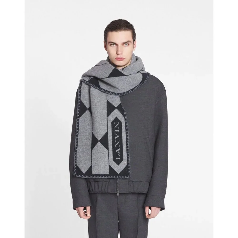Lanvin Paris Wool Scarf Gray Black Geometric Logo Fringe NEW